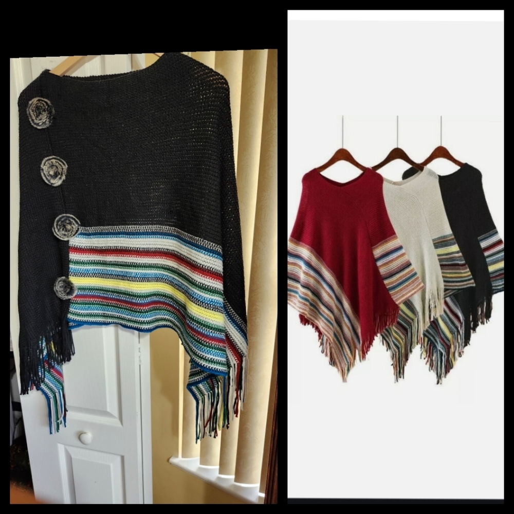 Women's One Size Black Knit Shawl Wrap Fringe with Faux Fur Buttons Detail OS